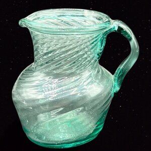 Studio Art Glass Miniature Pitcher Creamer‎ Hand Blown Green Applied 3”T 2.5”T